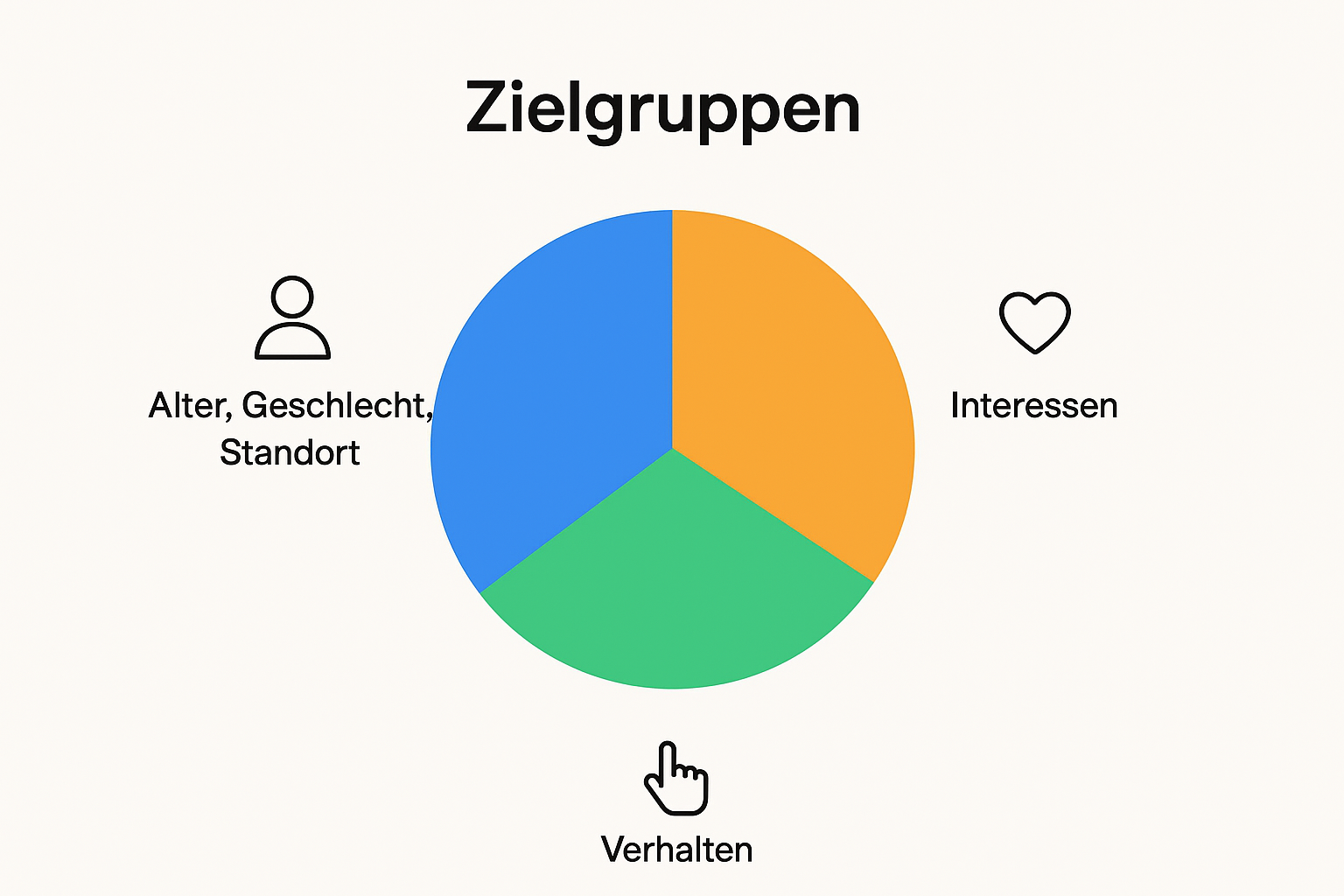 Zielgruppenveranschaulichung in einem Diagramm 1/3 Alter, Geschlecht, Standort, 1/3 Interessen und 1/3 verhalten